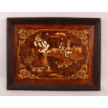 AN INDIAN INLAID WOODEN PANEL, inlaid with exotic woods and bone, depicting figures, 67cm x 52cm.