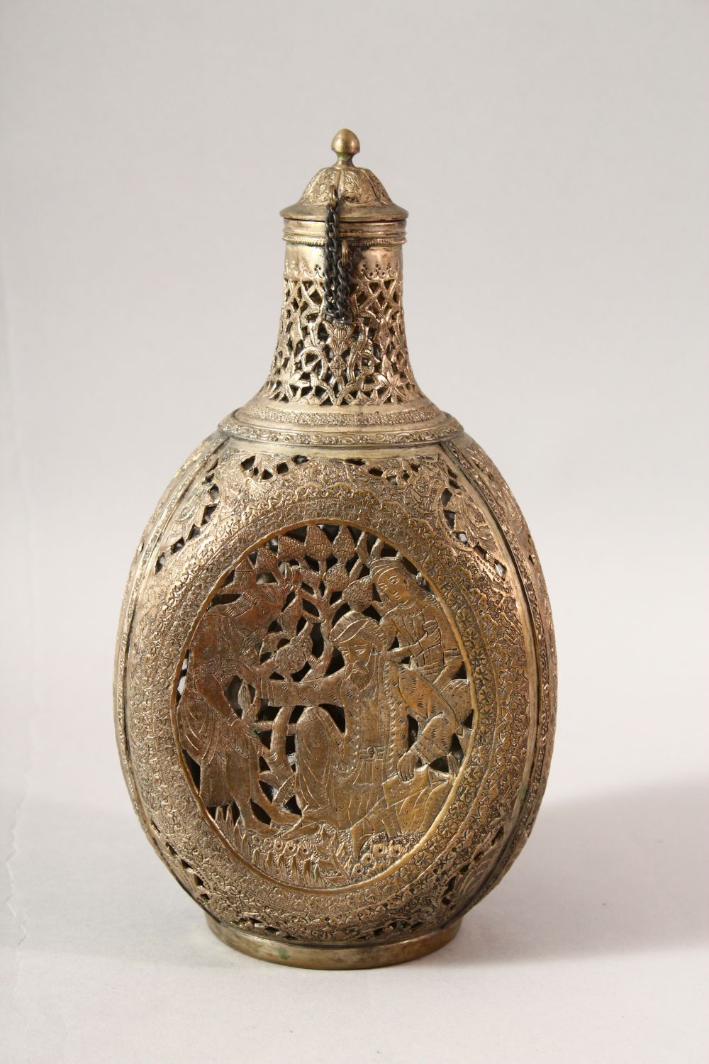 A PERSIAN OPENWORK LIDDED DECANTER, with carved panels of figures 25cm - Image 2 of 6