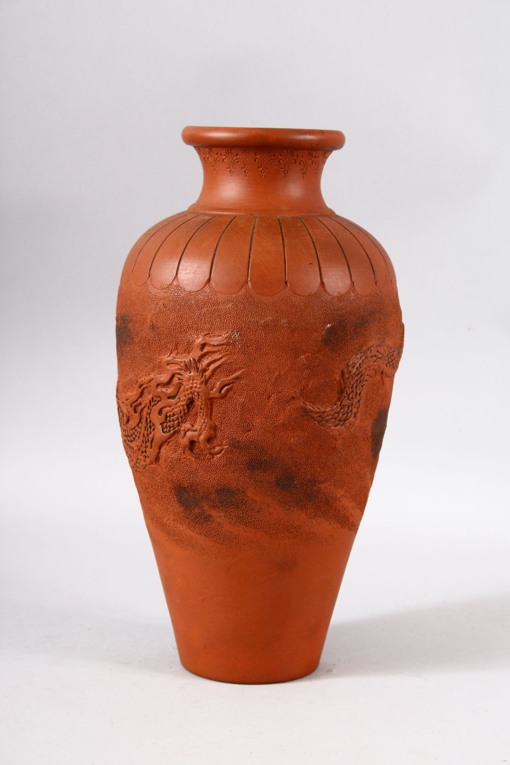 A CHINESE YIXING CLAY MOULDED VASE - The body decorated with raised dragons, 31.5cm - Image 3 of 6