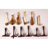 A GROUP OF SIX CHINESE MINIATURE HARD STONE MODELS OF MUSICAL INSTRUMENTS, complete with stands,