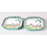 A PAIR OF CHINESE CANTON ENAMELLED DISHES, painted with figures in a landscape, 9.5cm square.