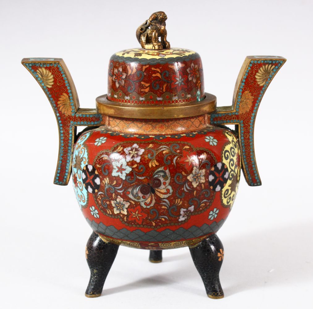 A SMALL JAPANESE CLOISONNE TWIN HANDLE KORO AND COVER, decorated with phoenix, flowers and