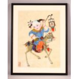 A CHINESE FRAMED PAINTING OF A BOY UPON DEER - the boy seated upon the back of a deer, holding a