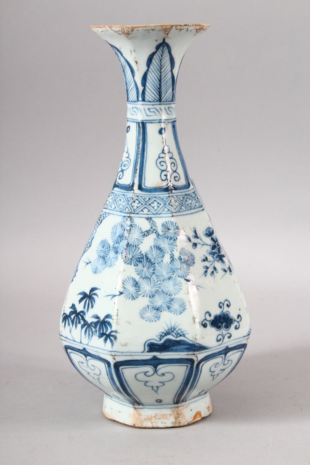 A CHINESE MING STYLE BLUE & WHITE PORCELAIN OCTAGONAL VASE - decorated with various native trees, - Image 2 of 6