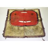 A FINE 19TH CENTURY OTTOMAN METAL THREADED LEATHER HORSE SADDLE COVER, 98cm x 104cm.