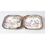A PAIR OF CHINESE CANTON ENAMELLED DISHES, painted with European figures in outdoor settings, 10cm
