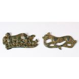 TWO CHINESE BRONZE PLAQUES, one in the form of a creature, the other with a scene of a boar and