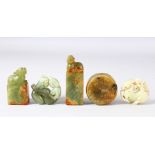 FIVE CHINESE CARVED JADE PIECES, comprising of three seals and two amulets (5).