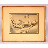 A JAPANESE WOODBLOCK PRINT of a snowy landscape, depicting figures, signed and sealed, 52cm x 42cm.