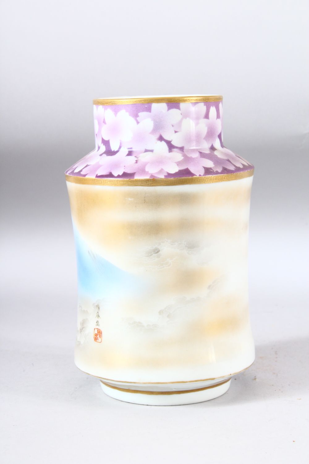 A JAPANESE MOUNT FUJI PORCELAIN VASE, the body painted with an atmospheric view of mount fuji with - Image 2 of 8