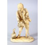 A JAPANESE MEIJI PERIOD CARVED IVORY OKIMONO - the man stood holding his plough with a duck to one