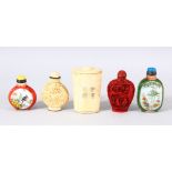 A MIXED LOT OF 5 CHINESE SNUFF BOTTLES - consisting of one cinnabar style, one carved ivory style