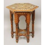 A 19TH CENTURY SPANISH INLAID OCTAGONAL WOODEN TABLE, the top inlaid with exotic timbers and ivory
