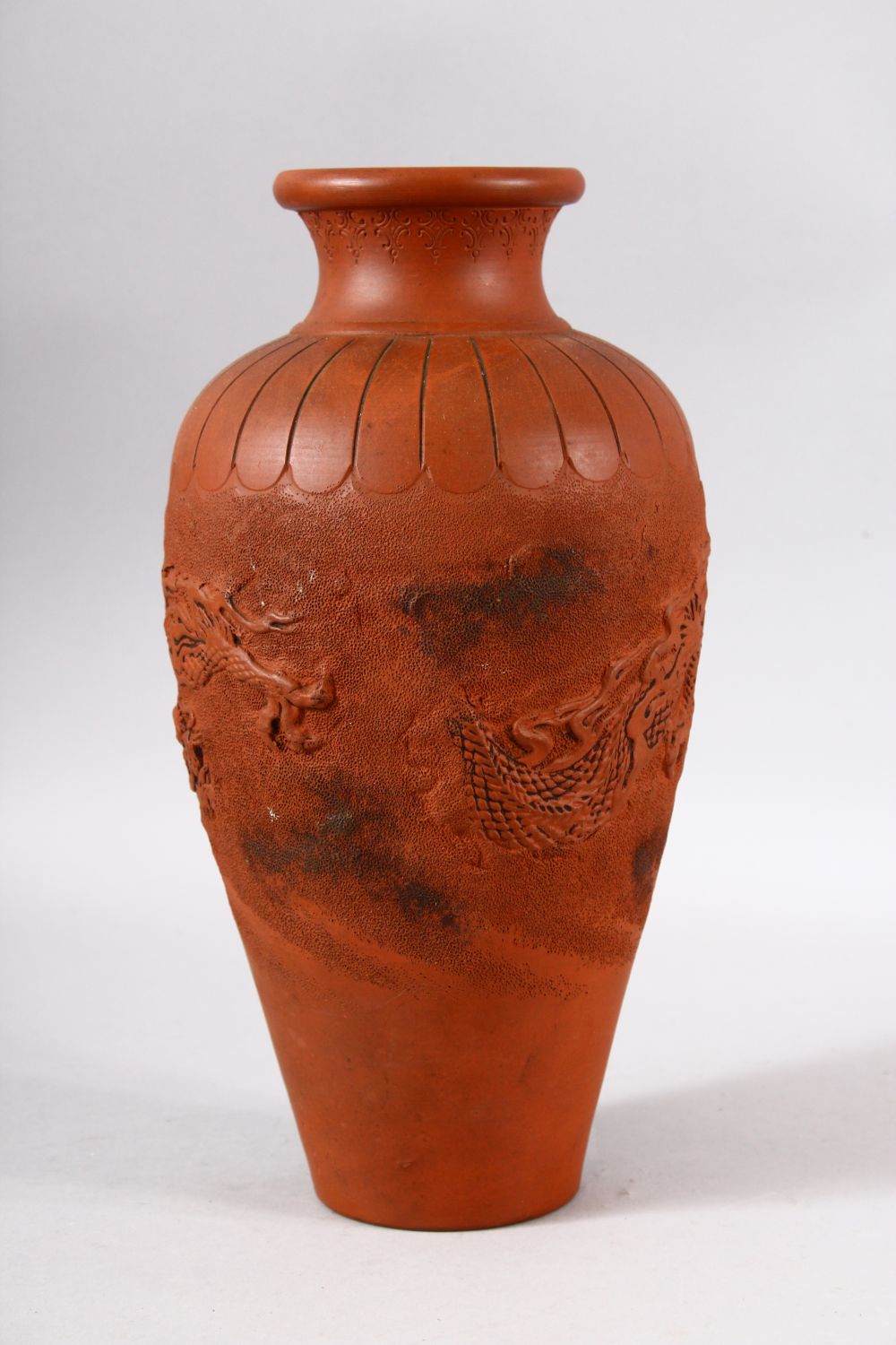 A CHINESE YIXING CLAY MOULDED VASE - The body decorated with raised dragons, 31.5cm - Image 4 of 6