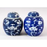 TWO 19TH CENTURY CHINESE BLUE & WHITE PORCELAIN GINGER JARS & COVERS - each decorated with the