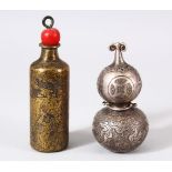 TWO CHINESE METAL SNUFF BOTTLES - one white metal and engraved with goldfish and symbols, the base