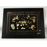 A CHINESE DECORATIVE LACQUER PANEL INLAID WITH MOTHER OF PEARL, depicting various fruits and