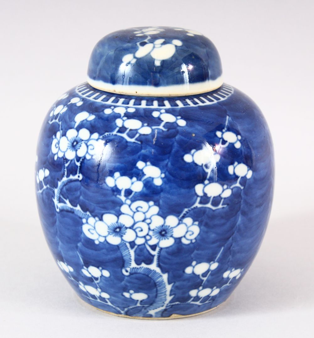 A 19TH CENTURY CHINIESE BLUE & WHITE PORCELAIN PRUNUS JAR & COVER - Base with double blue rings -