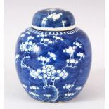 A 19TH CENTURY CHINIESE BLUE & WHITE PORCELAIN PRUNUS JAR & COVER - Base with double blue rings -