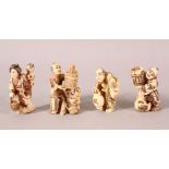 FOUR JAPANESE MEIJI PERIOD CARVED MAMMOTH IVORY NETSUKE - each carving of a typical day to day