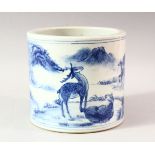 A LARGE CHINESE BLUE AND WHITE BRUSH POT, decorated with deer in a landscape setting, six