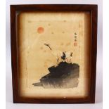 A JAPANESE MEIJI PERIOD WOODBLOCK PICTURE OF TWO CRANES, both cranes stood upon rocky outcrop at