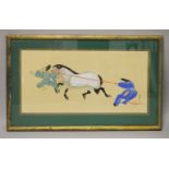 A CHINESE 20TH CENTURY WATERCOLOUR ON PAPER OF FIGURES AND HORSES - signed lower right, famed