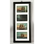 A SET OF FOUR CHINESE PAINTINGS, each depicting junks in full sail, framed as one, each image 9cm