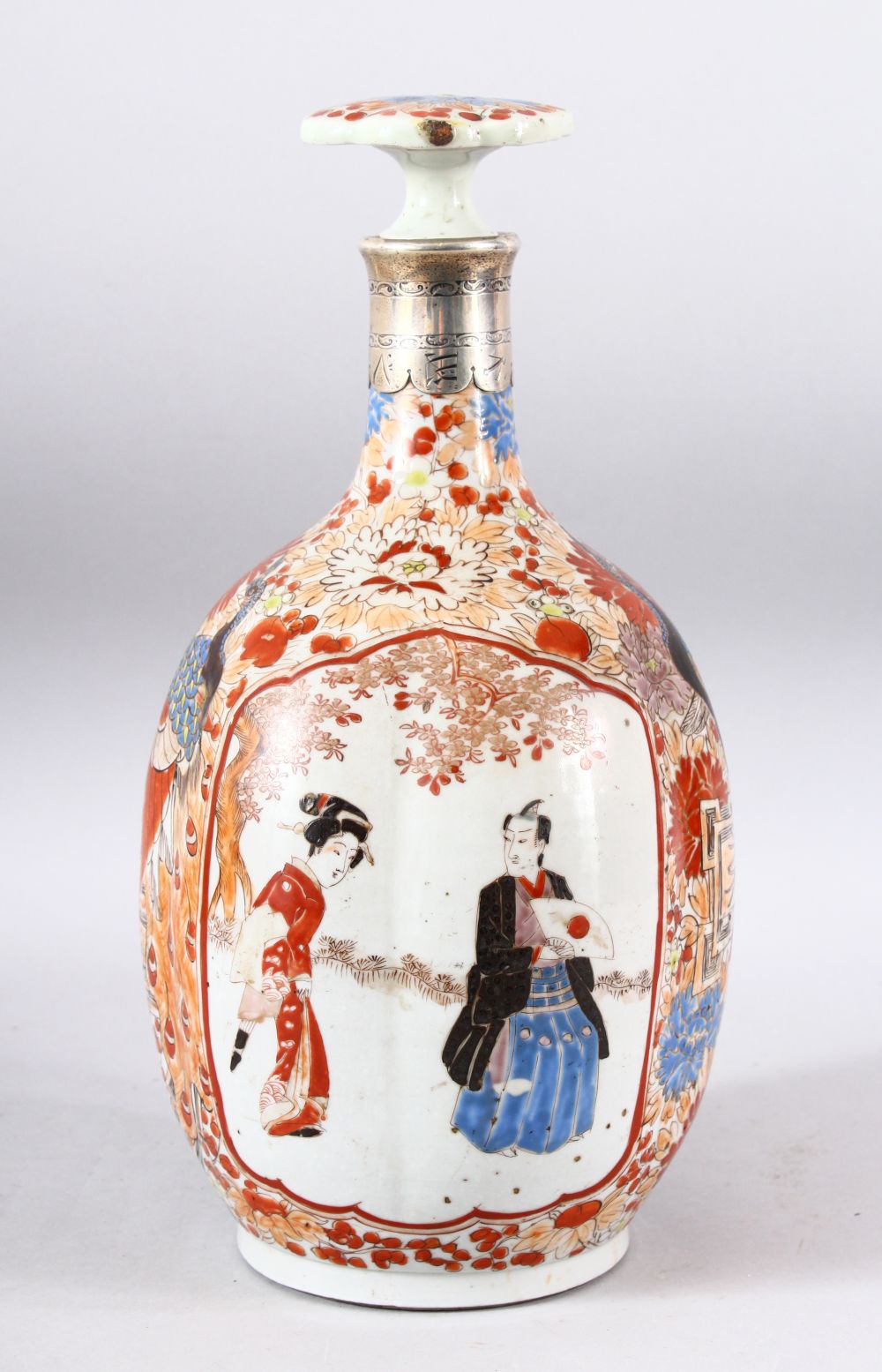 A JAPANESE EDO / MEIJI PERIOD KUTANI PORCELAIN BOTTLE & STOPPER - the neck with a white metal