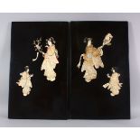 A PAIR OF JAPANESE MEIJI PERIOD CARVED IVORY AND MOTHER OF PEARL INLAID LACQUER PANELS - the