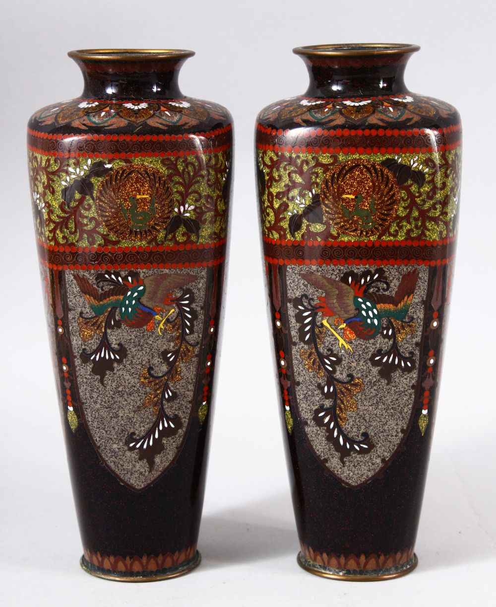 A PAIR OF JAPANESE CLOISONNE VASES, with panels of phoenix and dragons, both 24.5cm high.