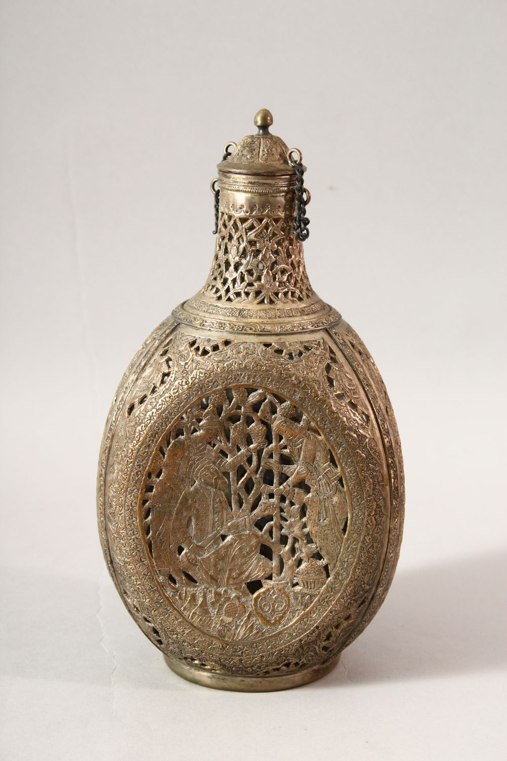A PERSIAN OPENWORK LIDDED DECANTER, with carved panels of figures 25cm - Image 3 of 6