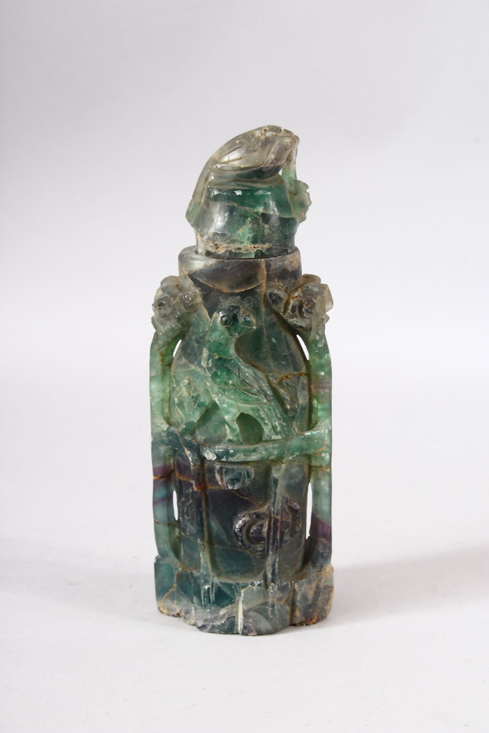 A CHINESE CARVED GREEN HARD STONE LIDDED VESSEL - carved with scenes of birds, 22.5cm - Image 3 of 7