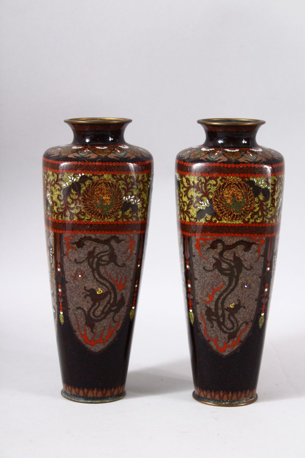 A PAIR OF JAPANESE CLOISONNE VASES, with panels of phoenix and dragons, both 24.5cm high. - Image 2 of 6