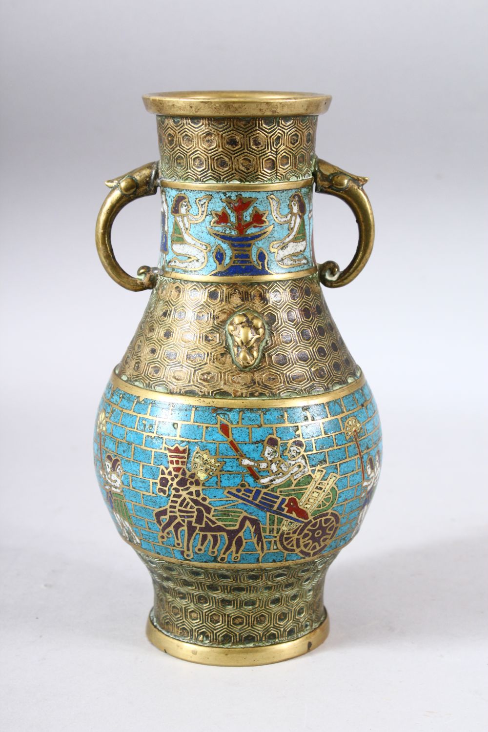 A CHINESE EXPORT CLOISONNE TWIN HANDLE VASE, the body with brick joint style blue ground with - Image 3 of 6