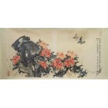 A LARGE ELABORATE CHINESE SCROLL PAINTING of birds aside rocky floral landscape, signed and sealed