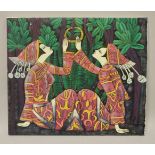 A 20TH CENTURY INDIAN SCHOOL PAINTING ON CANVAS - SIGNED - depicting to female figures holding a
