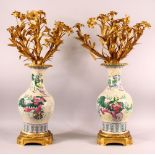 A GOOD PAIR OF CHINESE PORCELAIN AND ORMOLU VASES / CANDELABRA, the vases with crackle glaze and