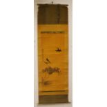 A CHINESE SCROLL PAINTING ON SILK of birds and lotus, signed and sealed, scroll with bone handles,