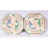 A PAIR OF CHINESE FAMILLE ROSE OCTAGONAL PORCELAIN PLATES - each decorated with twin dragons