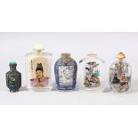 A MIXED LOT OF 5 CHINESE SNUFF BOTTLES - comprising of four reverse painted snuff bottles and one