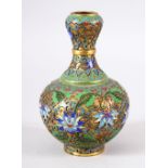 A 19TH CENTURY CHINESE CHAMPLEVE ENAMEL / CLOISONNE BOTTLE VASE , Of garlic head form, decorated