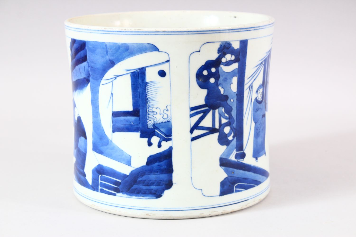 A LARGE CHINESE BLUE AND WHITE BRUSH POT, painted with two panels, one depicting figures in a - Image 2 of 7