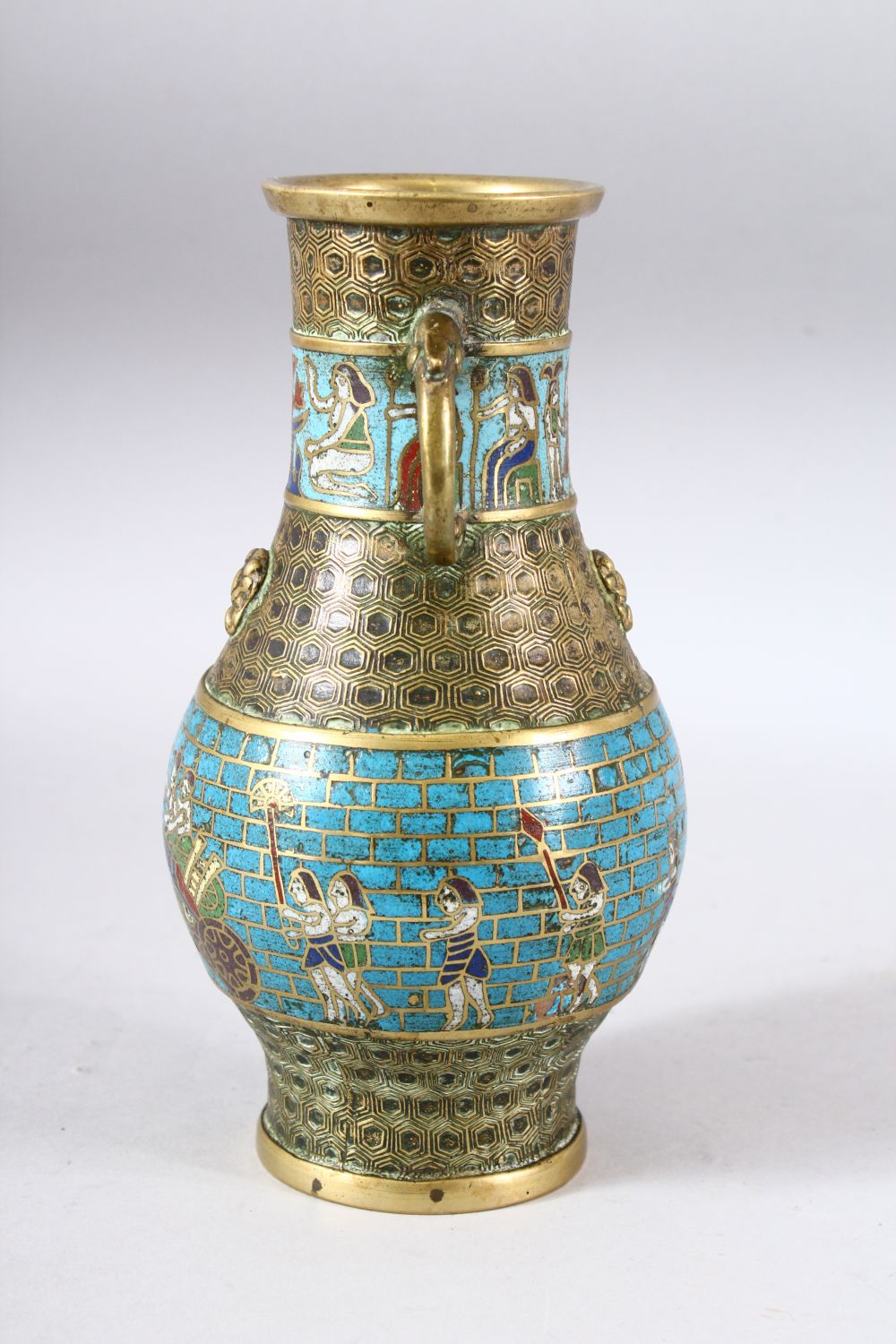 A CHINESE EXPORT CLOISONNE TWIN HANDLE VASE, the body with brick joint style blue ground with - Image 2 of 6