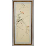 A CHINESE FRAMED WATERCOLOUR OF BIRDS AND FLORA - the picture painted to depict three birds