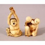 TWO JAPANESE MEIJI PERIOD CARVED IVORY NETSUKE - one depicting ashinaga the fisherman 5cm,