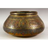 A GOOD LARGE DAMASCUS CAIROWARE SILVER INLAID BRASS BOWL, the body with a broad band of calligraphy,
