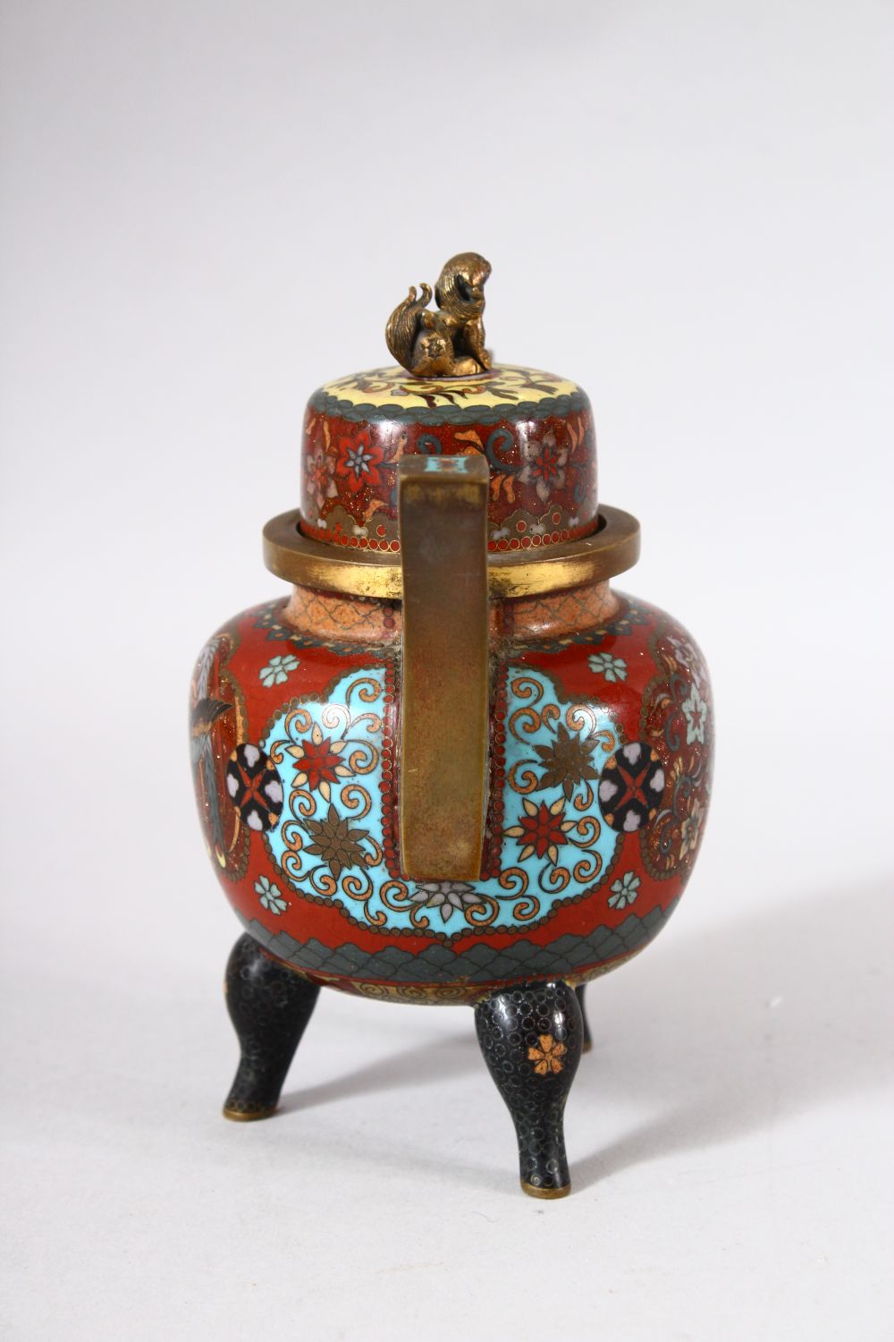 A SMALL JAPANESE CLOISONNE TWIN HANDLE KORO AND COVER, decorated with phoenix, flowers and - Image 2 of 7
