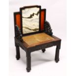 A FINE CHINESE CARVED HARDWOOD, MARBLE AND BURR ARMCHAIR, the chair with a fine natural marble