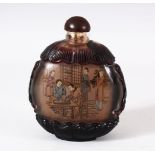 A LARGE CHNESE REVER PAINTED OVERLAY SNUFF BOTTLE - depicting scenes of figures interior, with